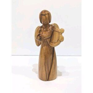 Made In Bethlehem Holy‎ Land Olive Wood Angel Playing Harp